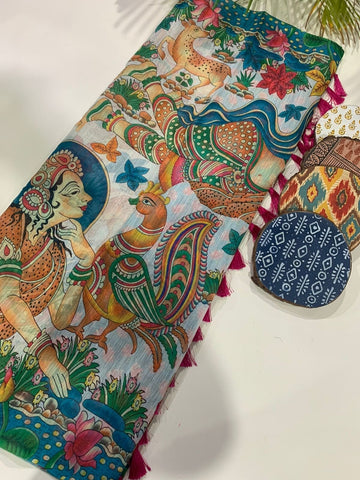 Hanika Kalamkari Pecock Desine Border Lenin Blend Saree