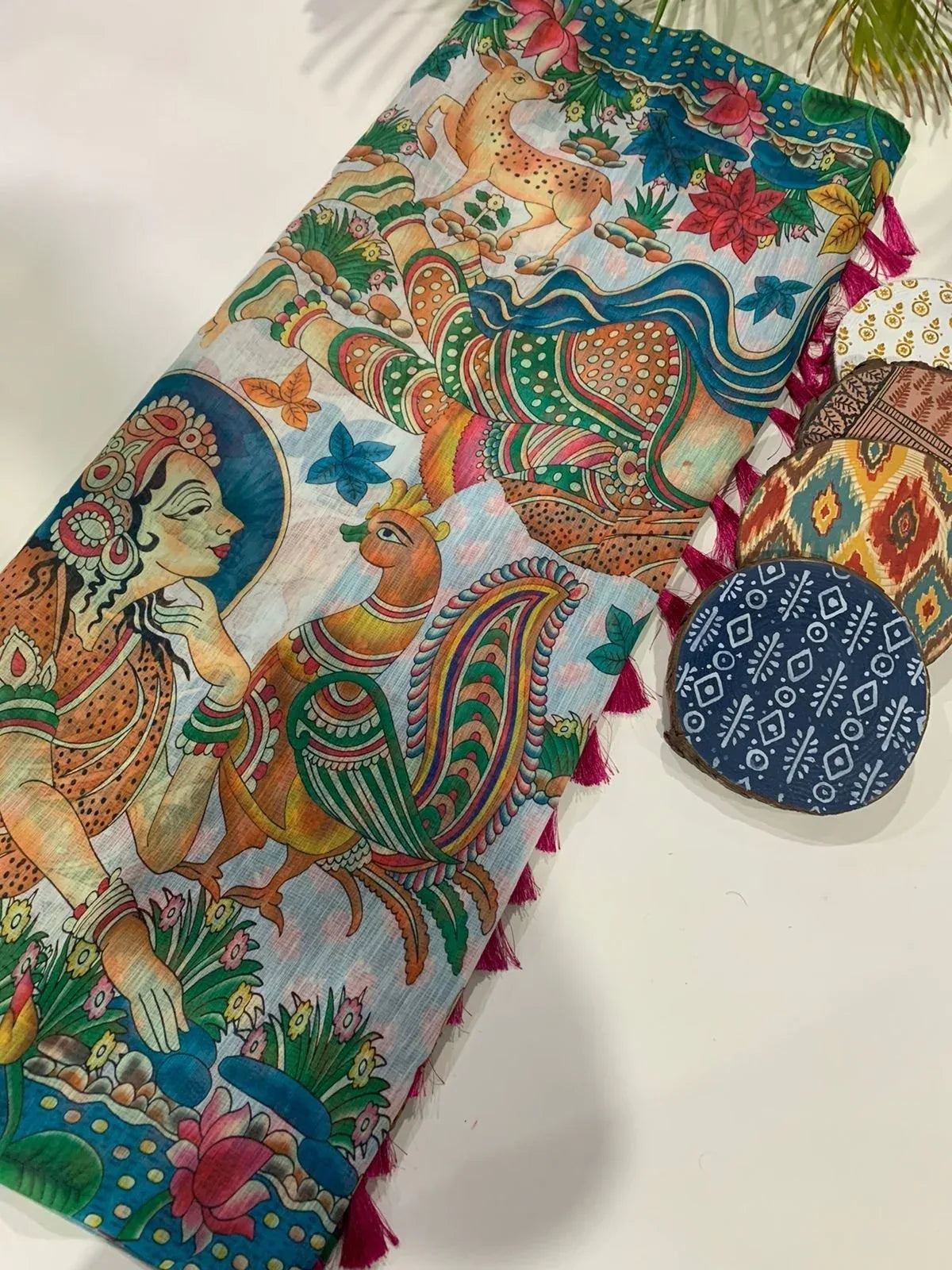 Hanika Kalamkari Pecock Desine Border Lenin Blend Saree