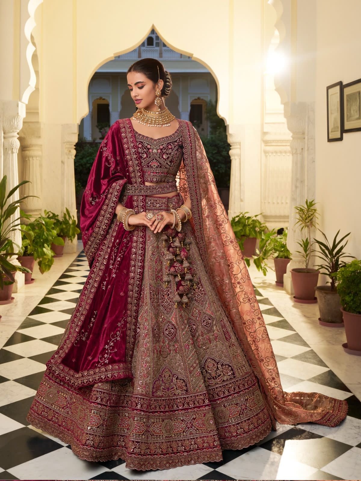 Majestic Hot Pink Fancy Embroided Velvet Designer Bridal Lehenga Choli Semi  Stitched