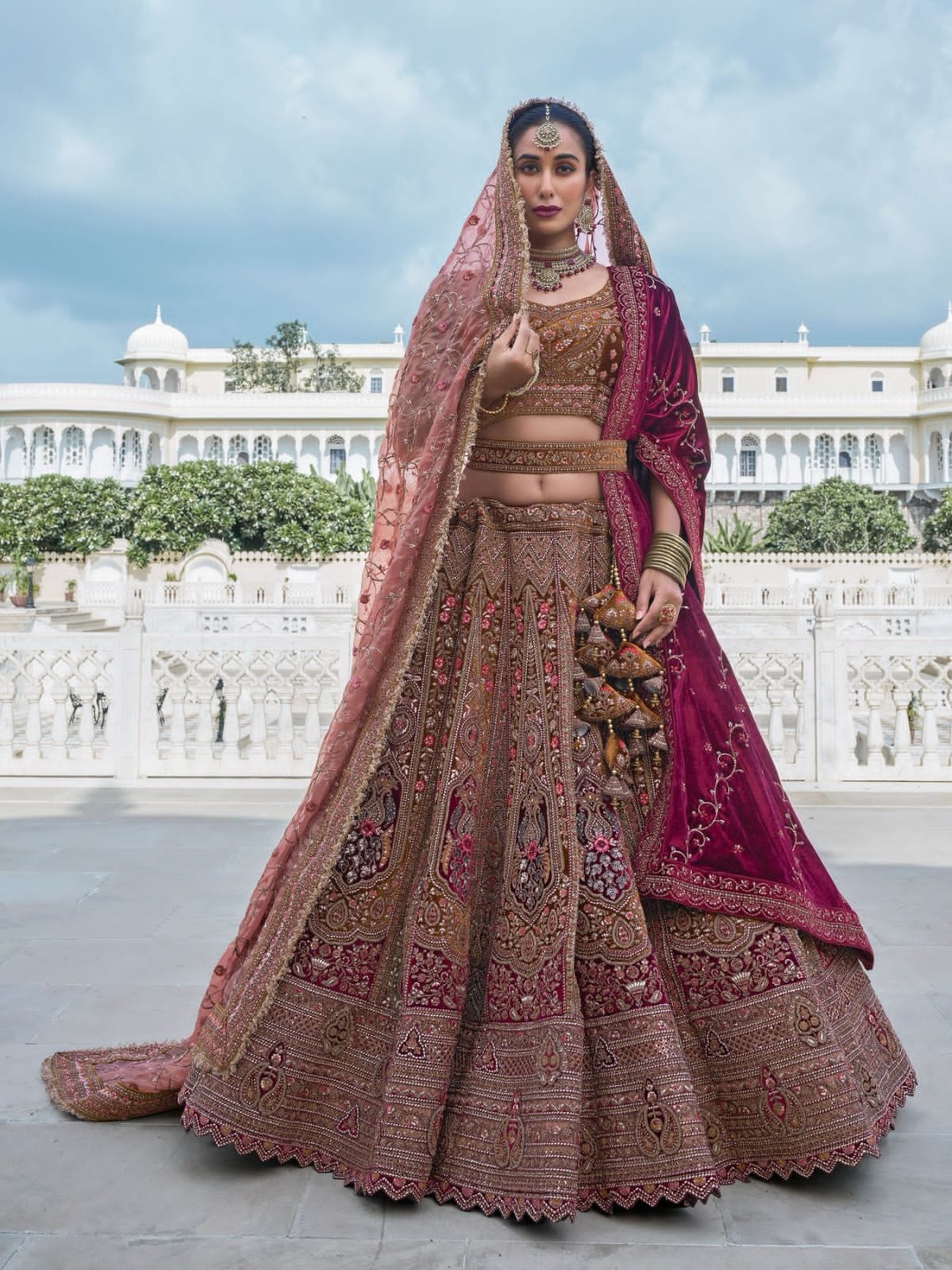 Elegant Pink and Maroon Bridal Lehenga with Handcrafted Embroidery