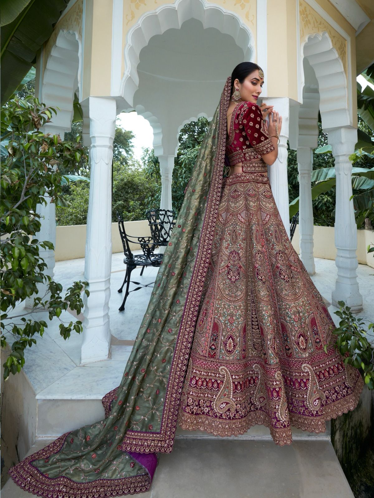 Exquisite Green and Maroon Bridal Lehenga with Rich Handcrafted Embroidery
