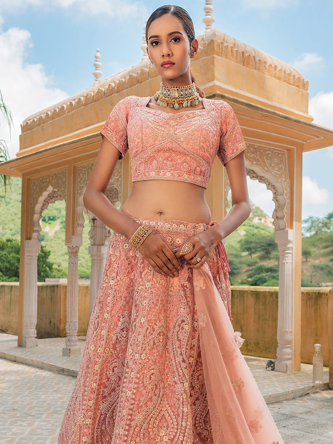 Soft Pink Sequins Embroidered Bridal Lehenga