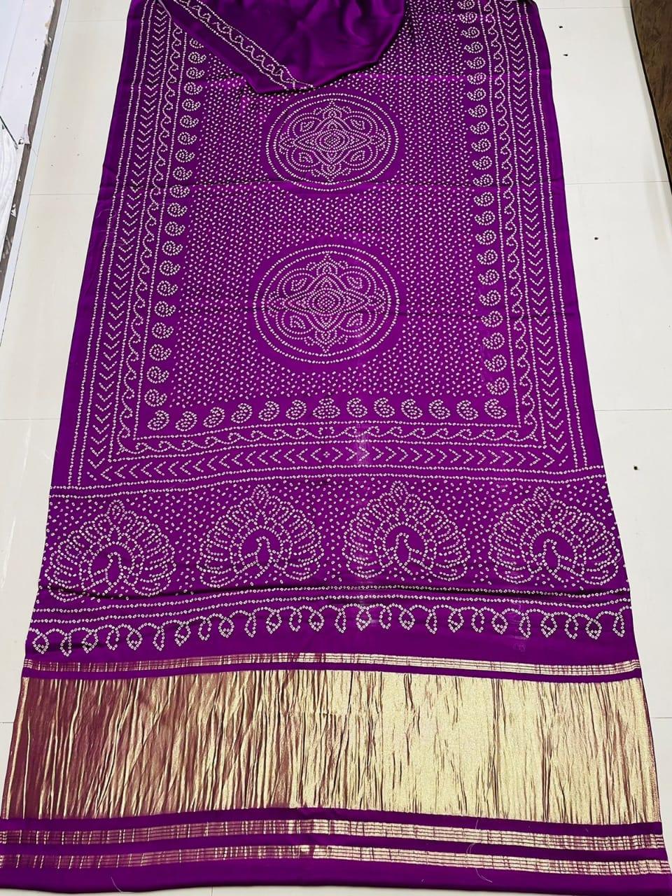 Beautiful Designer Bandhej
Gajji Silk Ajrakh Lagdi Pallu Sarees