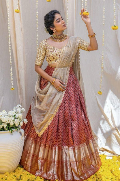 Beautiful Designer Super Half &amp; Half Copper Lehanga Saree