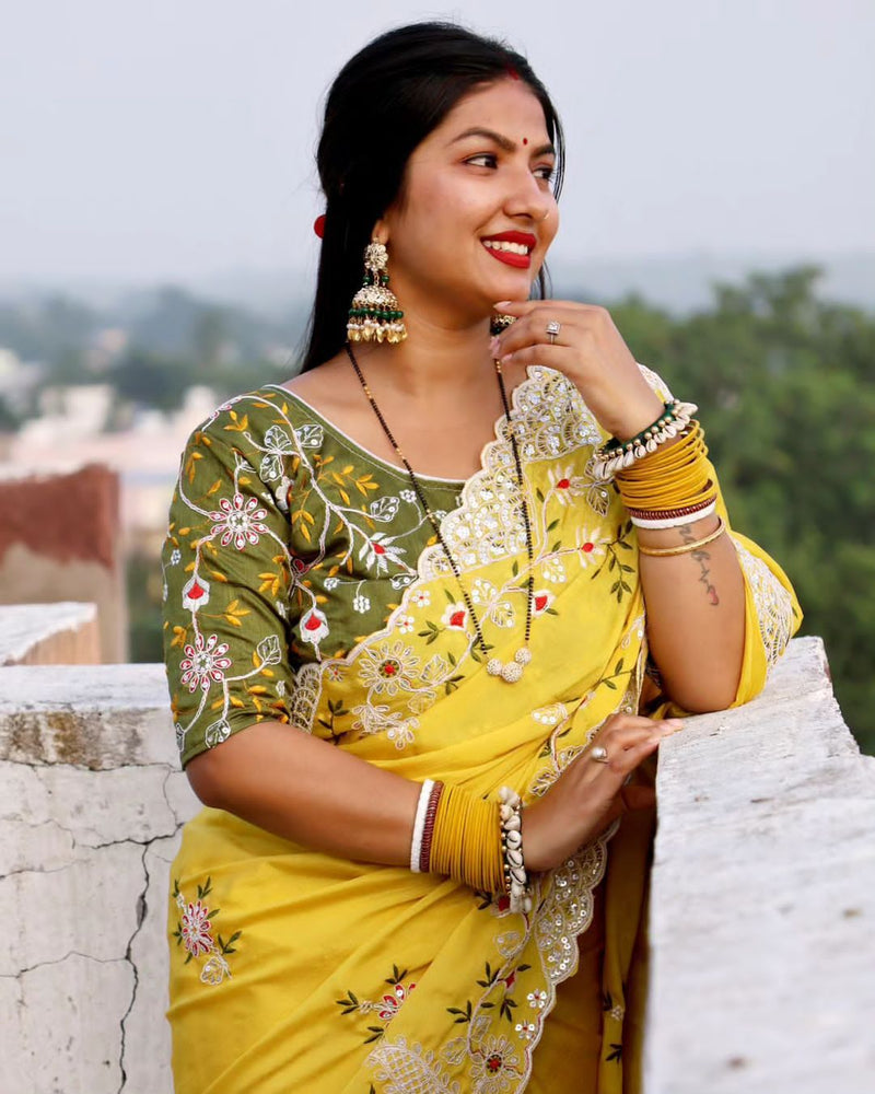 Beautiful Designer Soft Cotton Thread Sequenc Saree