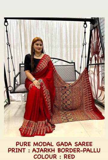 Beautiful Designer Gajji Bandhej Silk Ajrakh Pallu Saree
