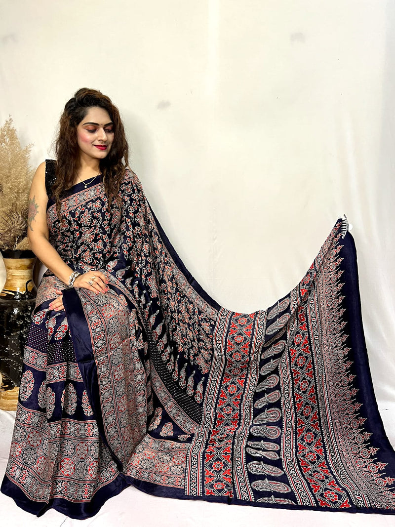 Beautiful Designer Ajrakh Pure Guji Bandhej Saree