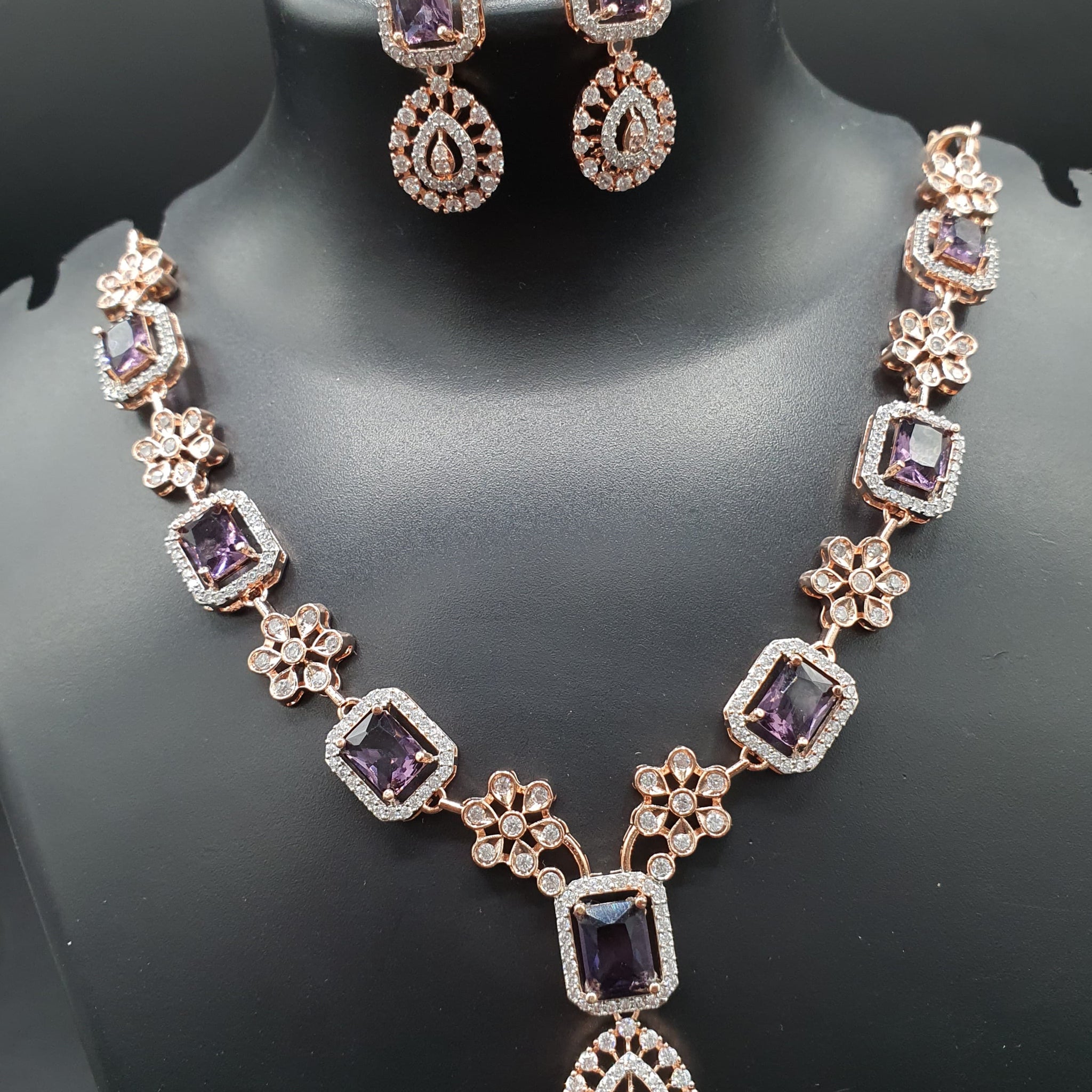 Beautiful American Diamond Jewellery Antique Necklace Set with Earrings