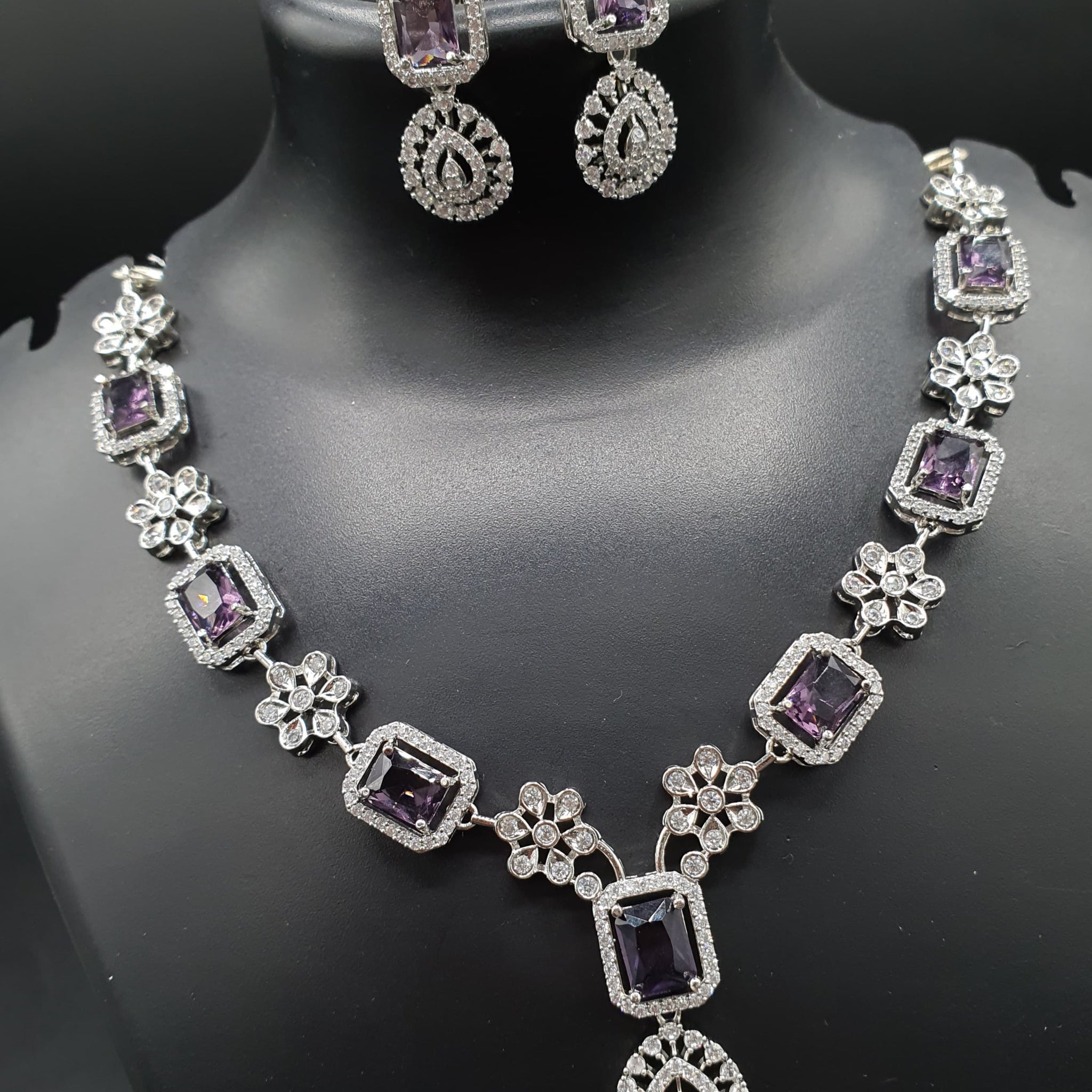 Beautiful American Diamond Jewellery Antique Necklace Set with Earrings