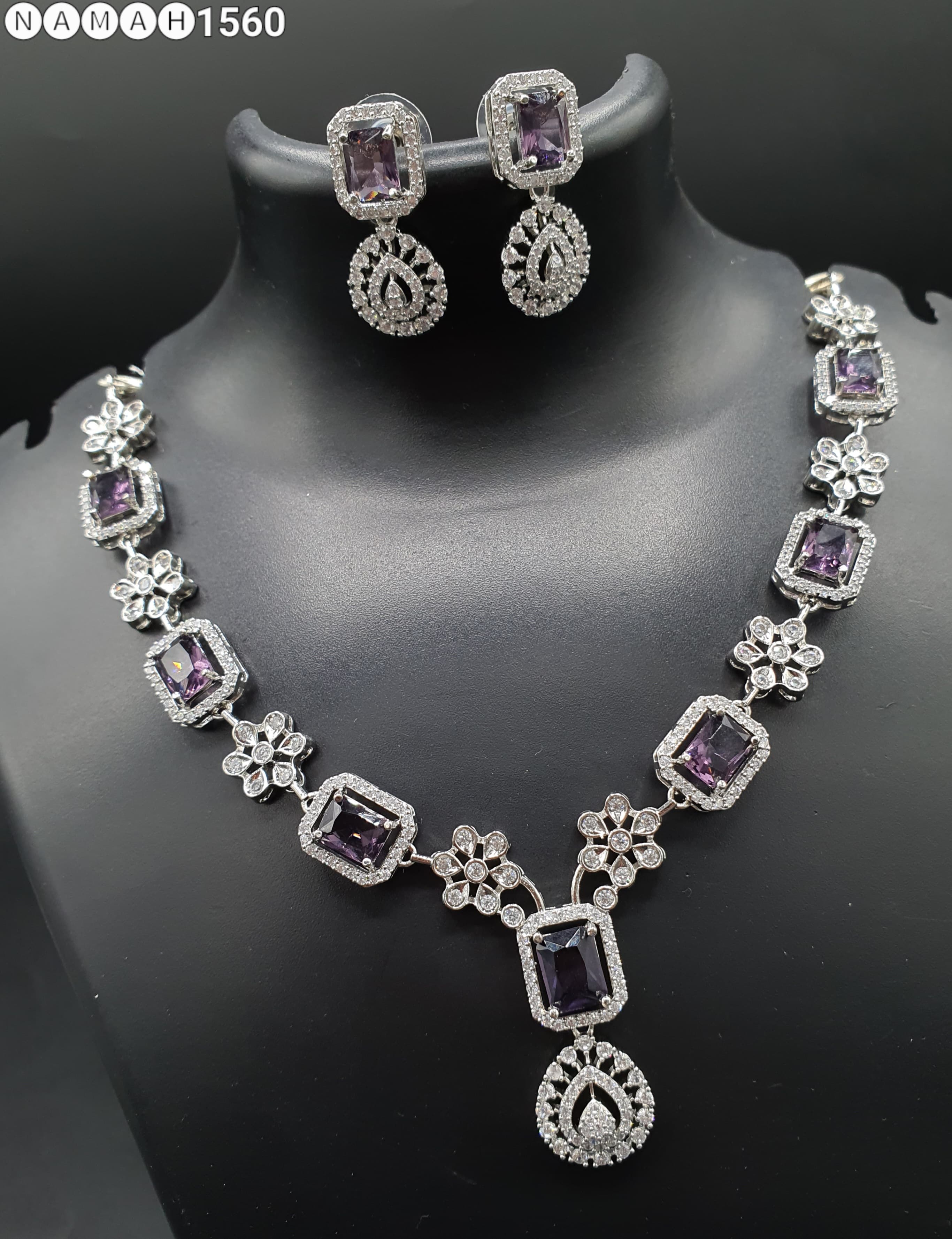 Beautiful American Diamond Jewellery Antique Necklace Set with Earrings