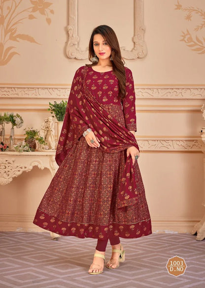 Pankh V 6 Top Heavy 14 Kg Rayon With Multi Colour Foil Print With Duppta Readymade Reyon Gown (550x05)