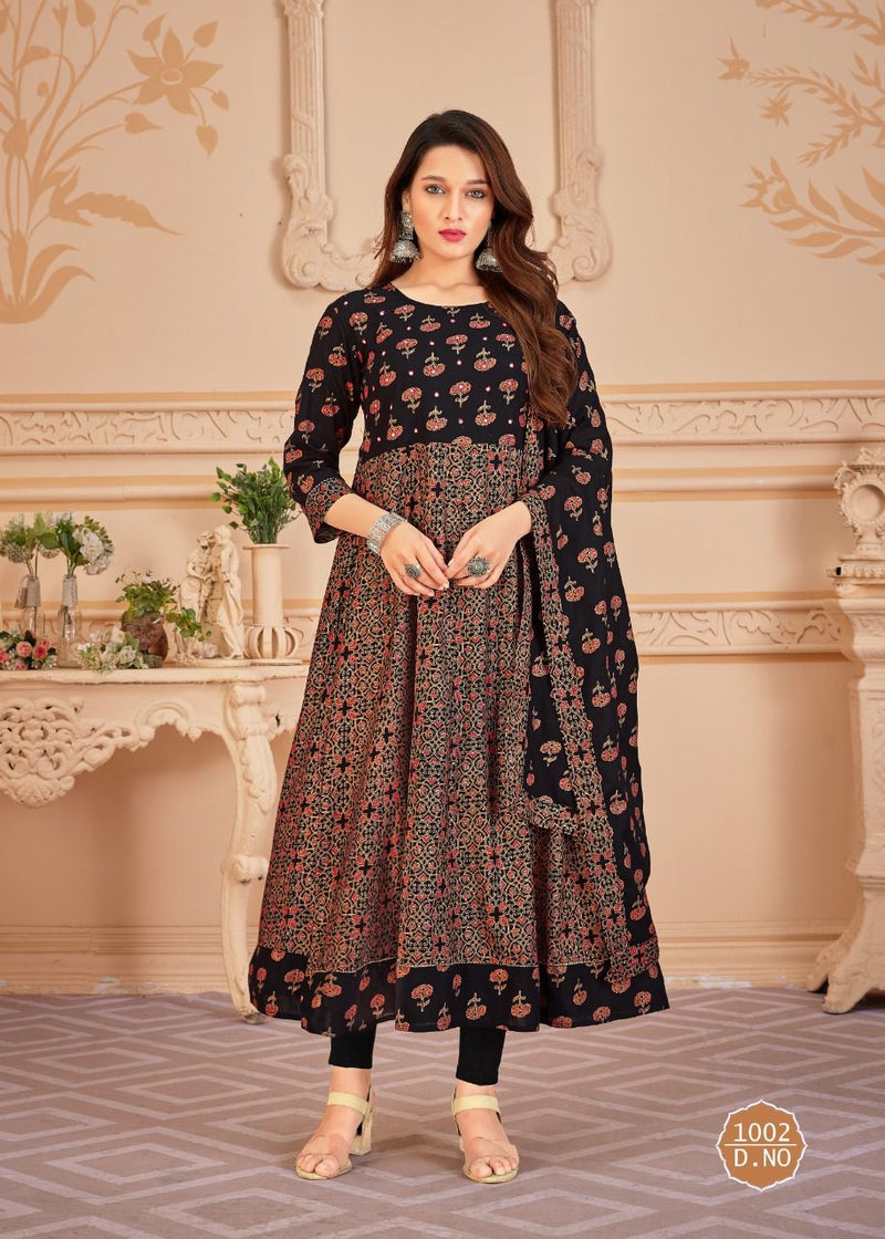 Pankh V 6 Top Heavy 14 Kg Rayon With Multi Colour Foil Print With Duppta Readymade Reyon Gown (550x05)