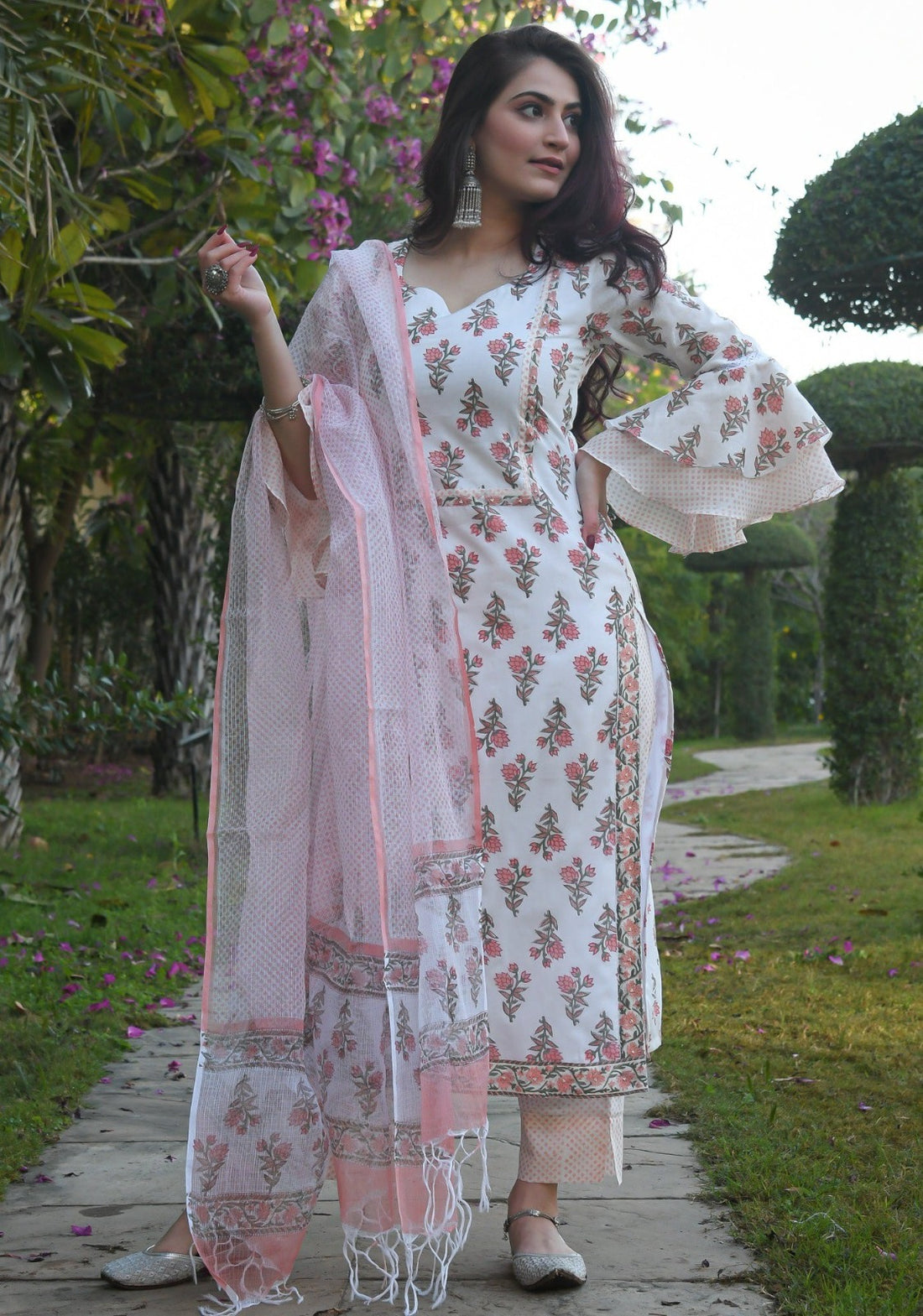 Beautiful Designer Women Chaaya White Floral Printed Kurti Pant with Dupatta
