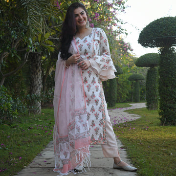 Beautiful Designer Women Chaaya White Floral Printed Kurti Pant with Dupatta