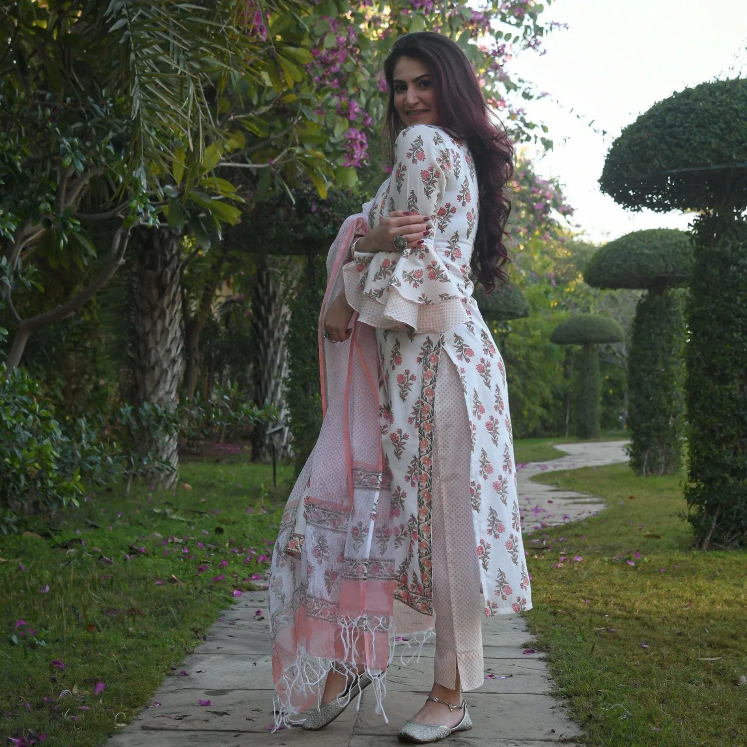 Beautiful Designer Women Chaaya White Floral Printed Kurti Pant with Dupatta