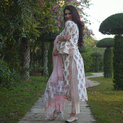 Beautiful Designer Women Chaaya White Floral Printed Kurti Pant with Dupatta