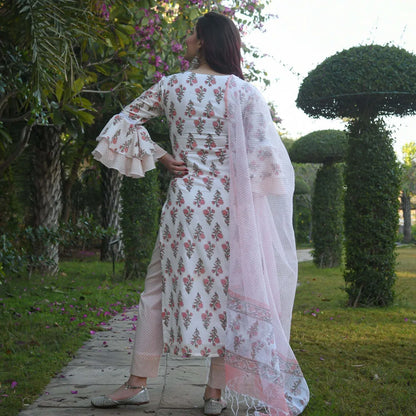Beautiful Designer Women Chaaya White Floral Printed Kurti Pant with Dupatta