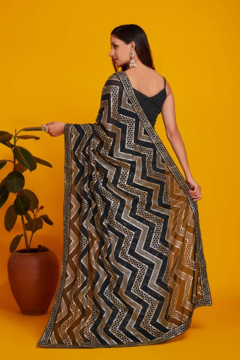 Beautiful Designer Black Berry Heavy Georgette Sequins Saree