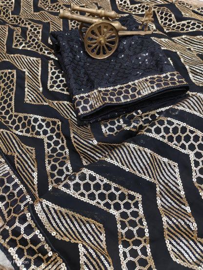 Beautiful Designer Black Berry Heavy Georgette Sequins Saree