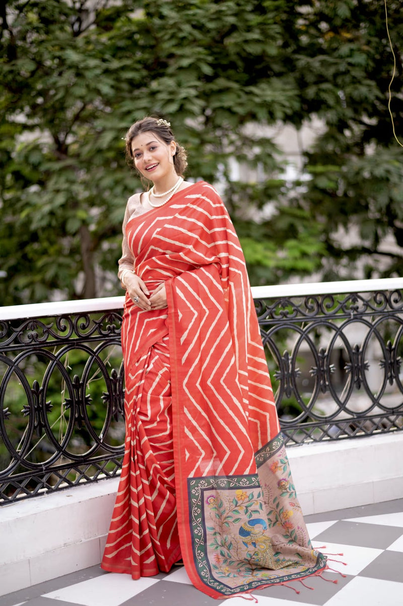 Beautiful Designer Laheriya With Kalamkari Tussar silk Saree
