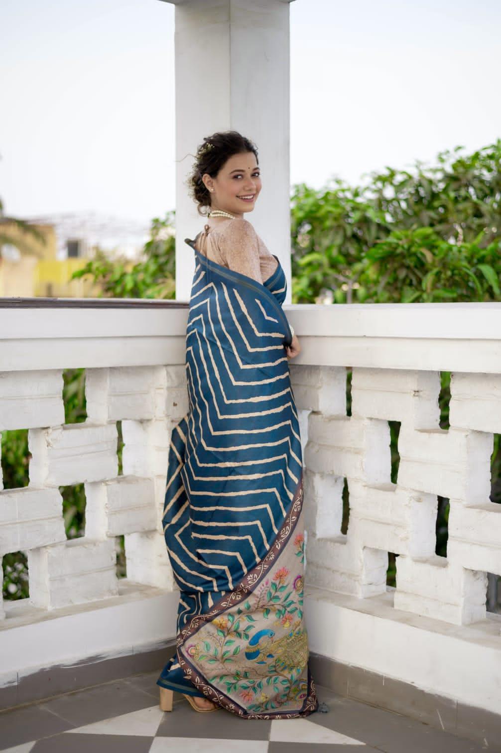 Beautiful Designer Laheriya With Kalamkari Tussar silk Saree