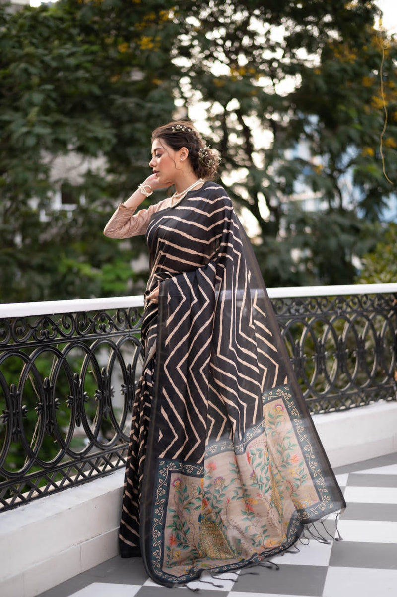 Beautiful Designer Laheriya With Kalamkari Tussar silk Saree