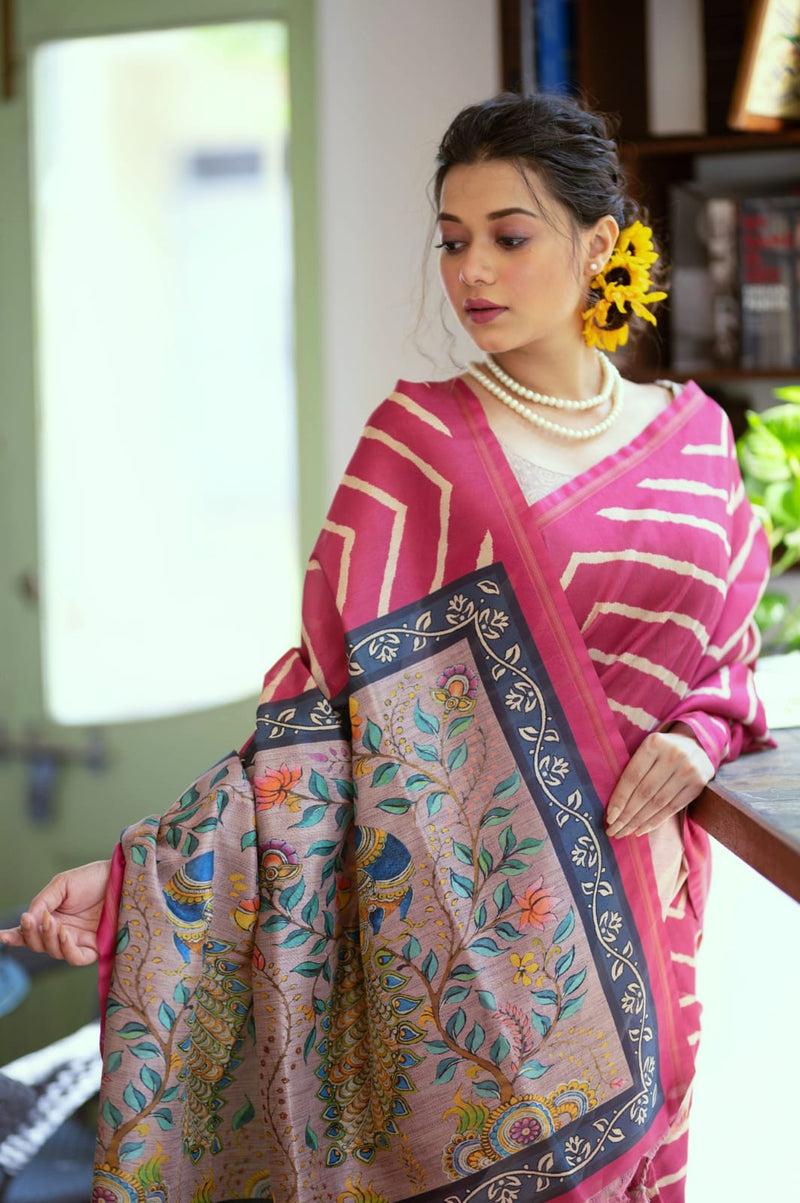Beautiful Designer Laheriya With Kalamkari Tussar silk Saree