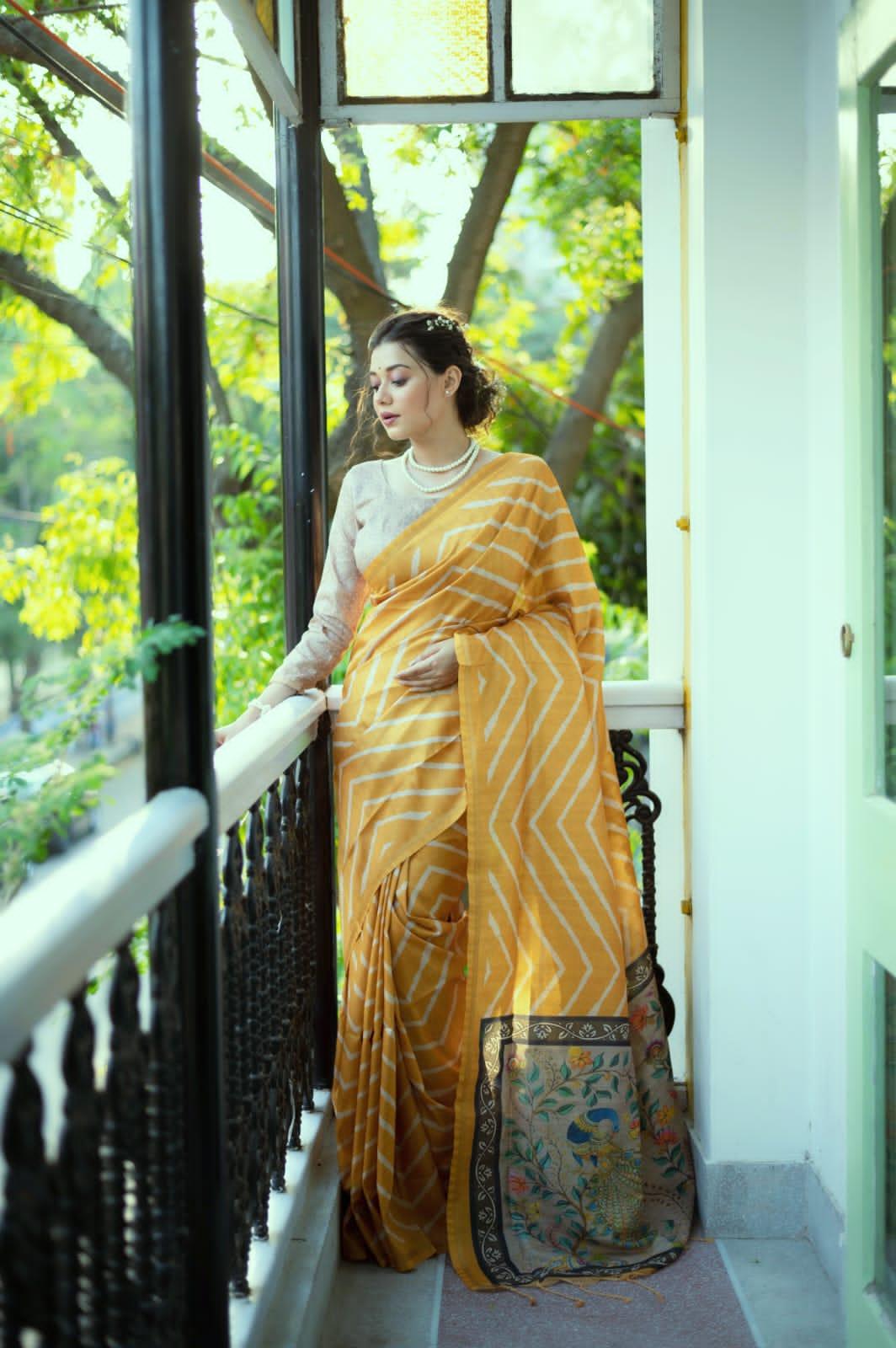 Beautiful Designer Laheriya With Kalamkari Tussar silk Saree