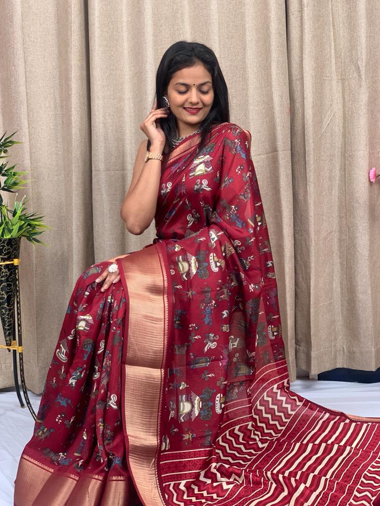 Party Wear Kalamkari Dola Silk Saree