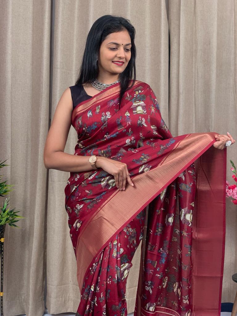 Party Wear Kalamkari Dola Silk Saree