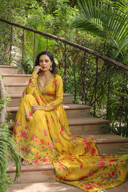 Beautiful Designer Alia Cut Flower Print Suit