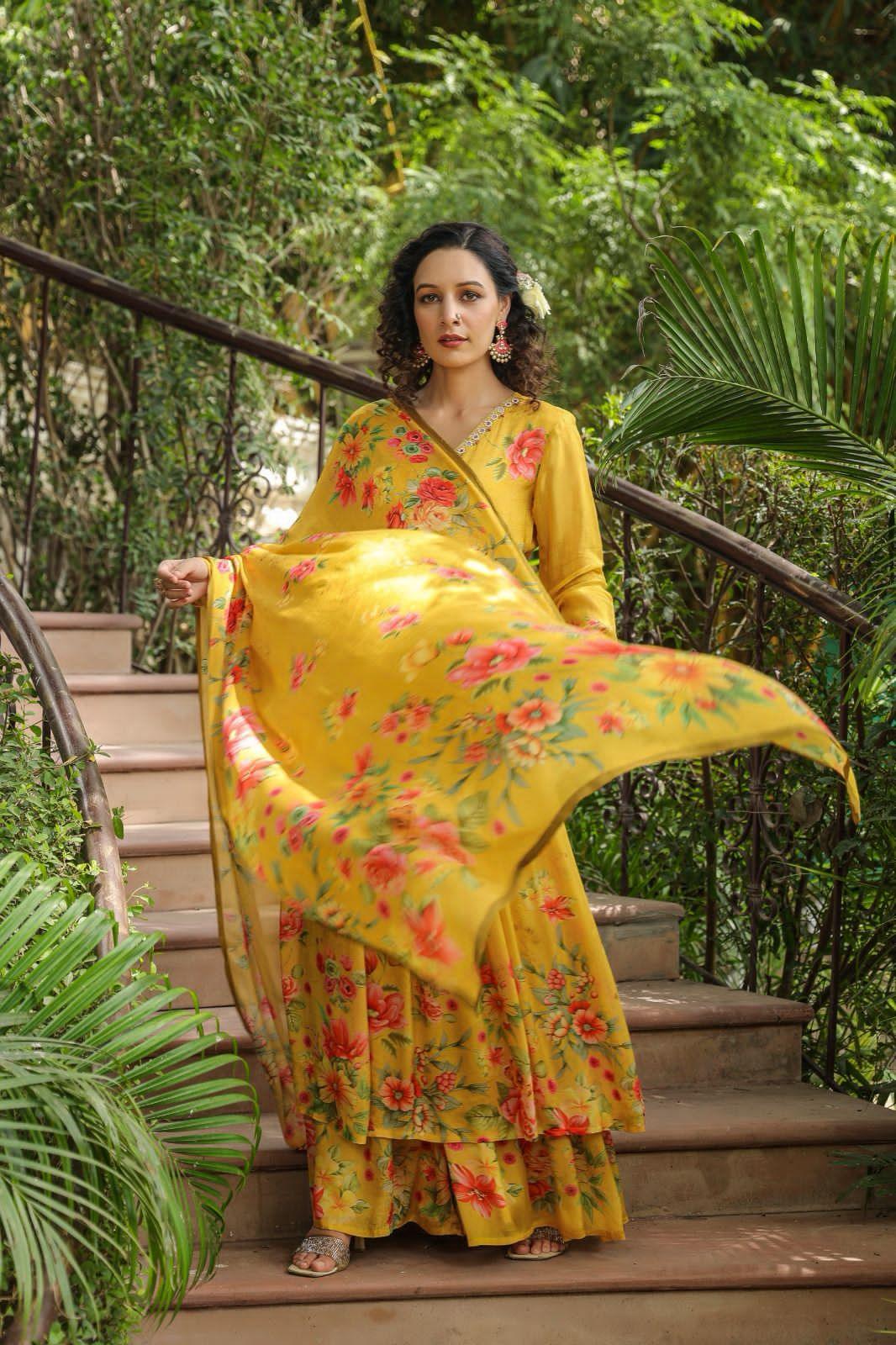 Beautiful Designer Alia Cut Flower Print Suit