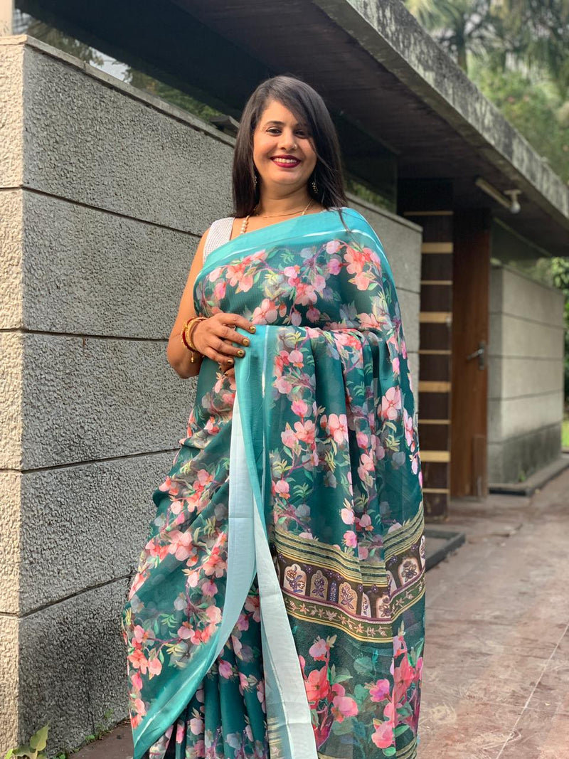 Beautiful Designer White Digital Silk Saree