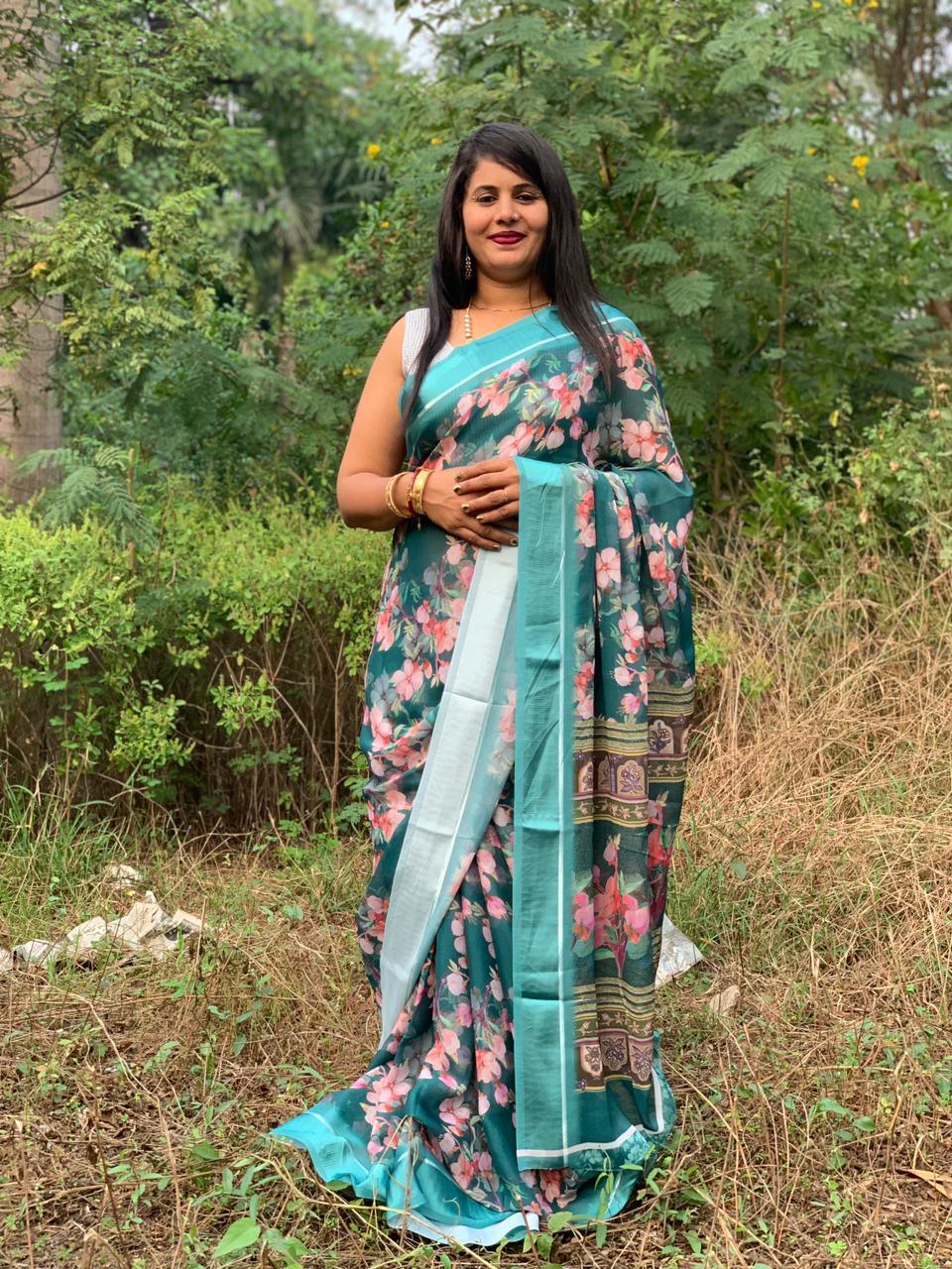 Beautiful Designer White Digital Silk Saree