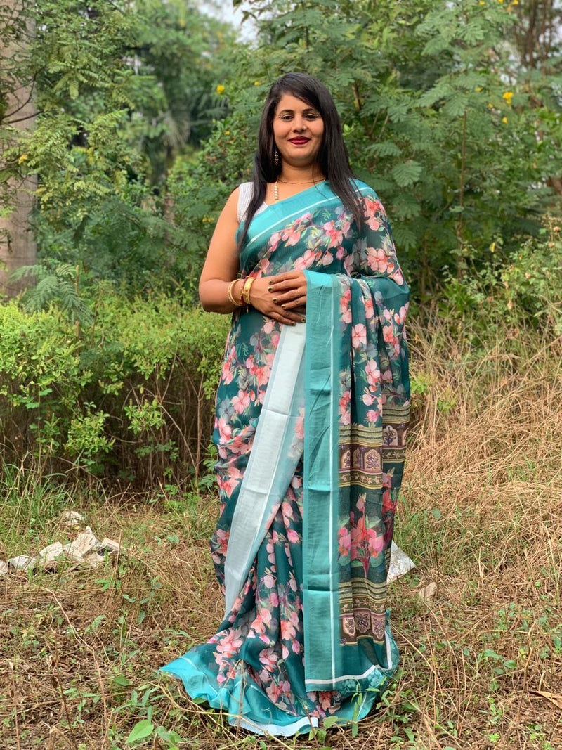 Beautiful Designer White Digital Silk Saree