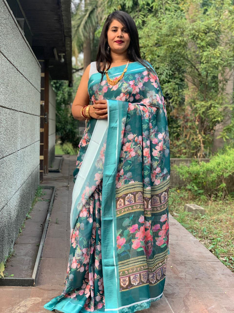 Beautiful Designer White Digital Silk Saree