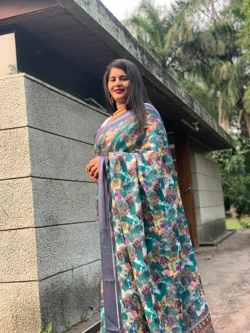 Beautiful Designer White Digital Silk Saree