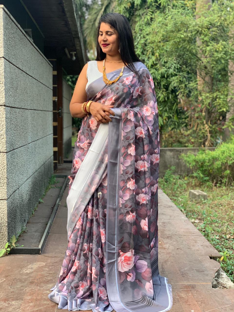 Beautiful Designer White Digital Silk Saree