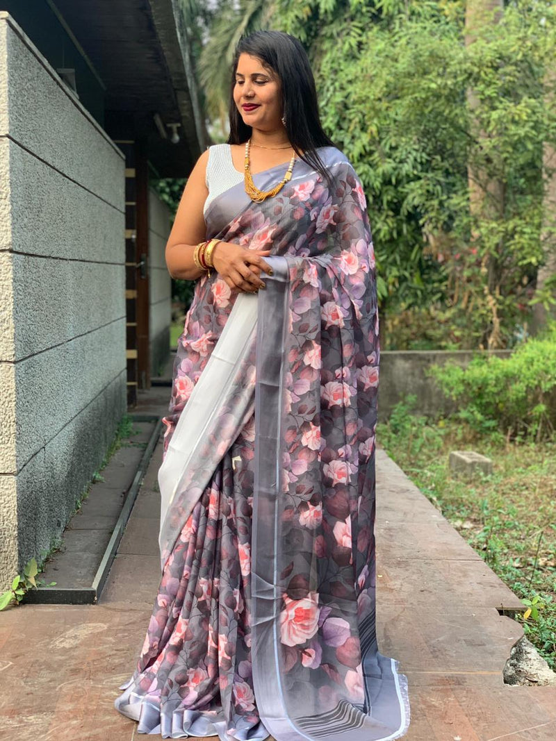 Beautiful Designer White Digital Silk Saree