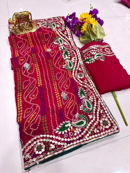 Beautiful Designer Georgette Bandhani Print Gota Patti Saree