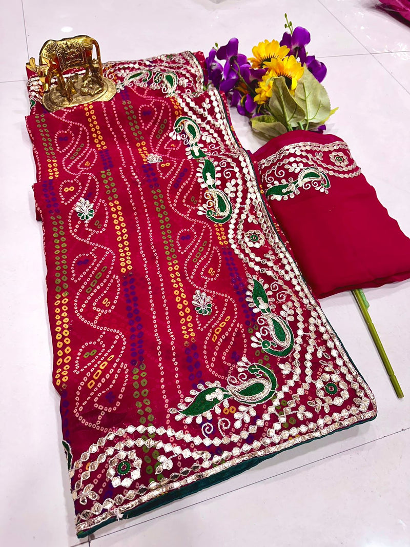 Beautiful Designer Georgette Bandhani Print Gota Patti Saree