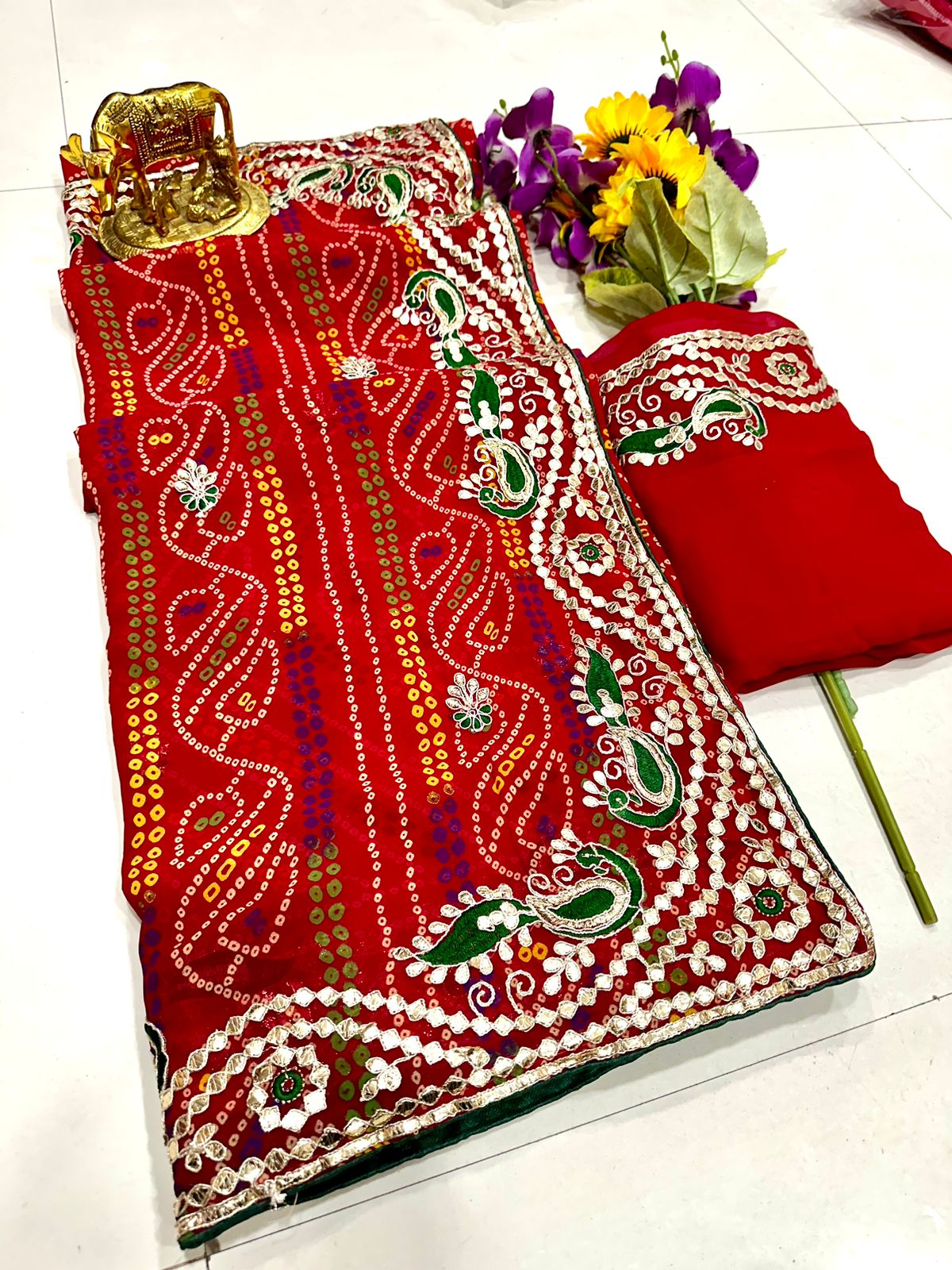 Beautiful Designer Georgette Bandhani Print Gota Patti Saree