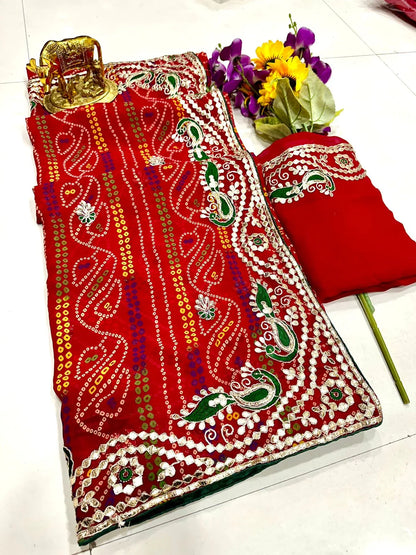 Beautiful Designer Georgette Bandhani Print Gota Patti Saree