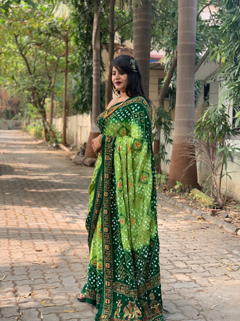 Beautiful Designer Tulshi Ajrakh Lagdi Patta Pure Gajji Soft Silk Saree