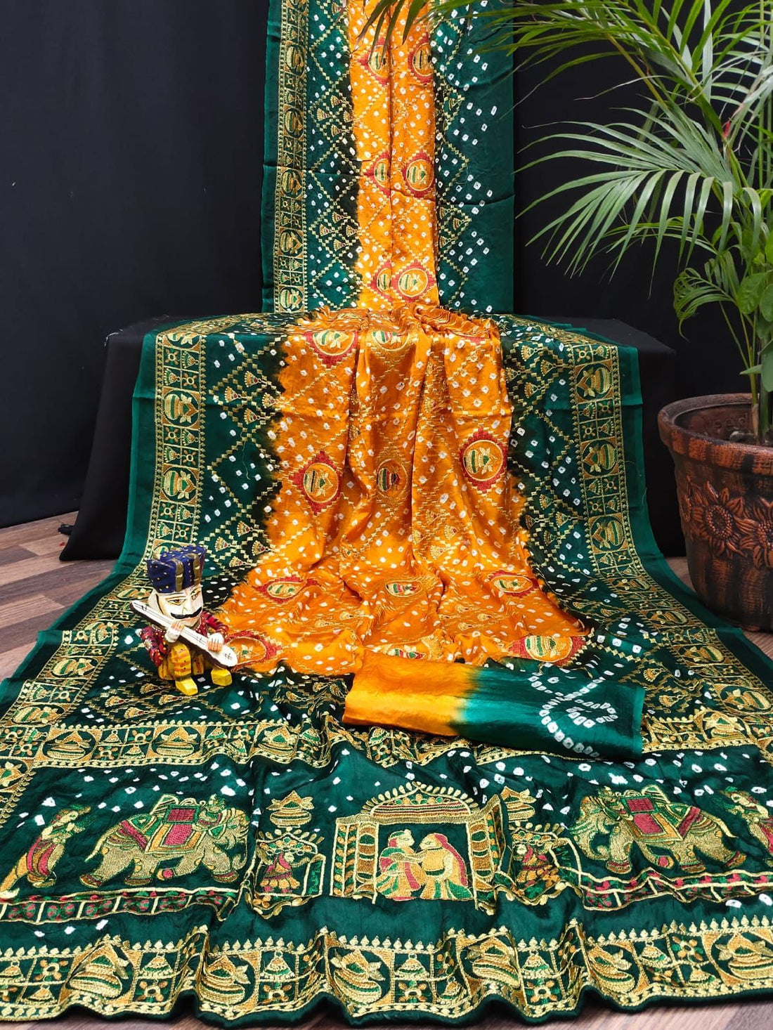 Beautiful Designer Tulshi Ajrakh Lagdi Patta Pure Gajji Soft Silk Saree