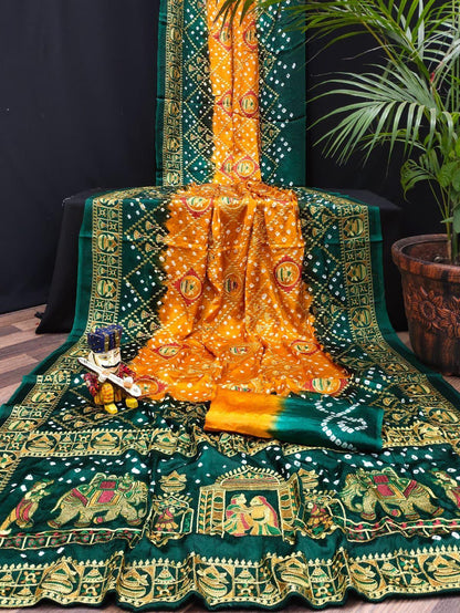 Beautiful Designer Tulshi Ajrakh Lagdi Patta Pure Gajji Soft Silk Saree