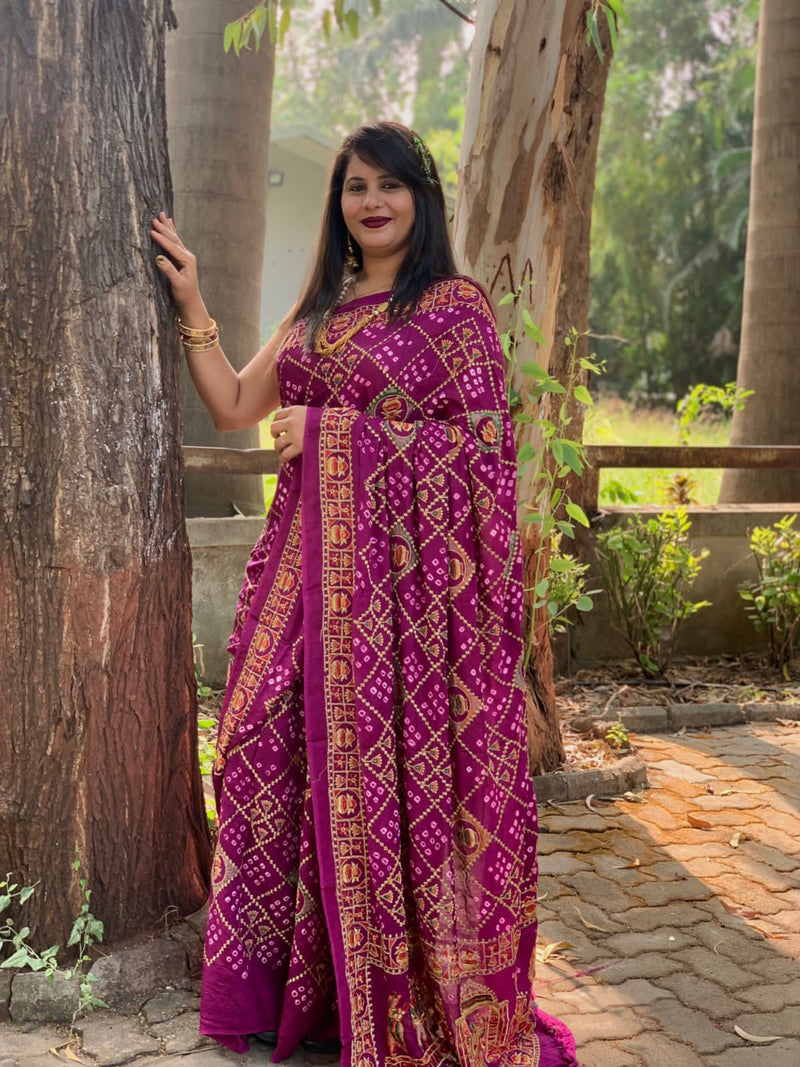 Beautiful Designer Tulshi Ajrakh Lagdi Patta Pure Gajji Soft Silk Saree