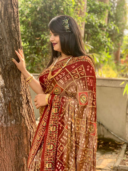 Beautiful Designer Tulshi Ajrakh Lagdi Patta Pure Gajji Soft Silk Saree