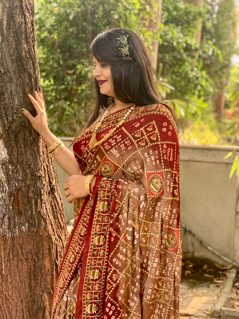 Beautiful Designer Tulshi Ajrakh Lagdi Patta Pure Gajji Soft Silk Saree