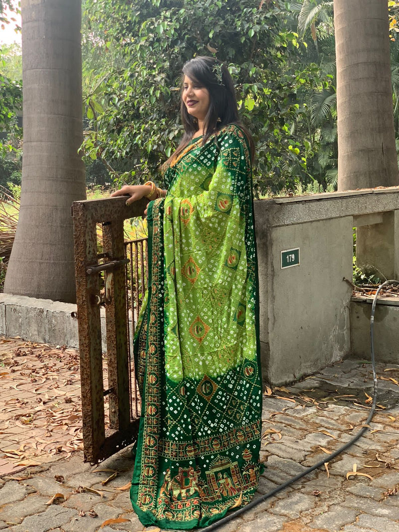 Beautiful Designer Tulshi Ajrakh Lagdi Patta Pure Gajji Soft Silk Saree